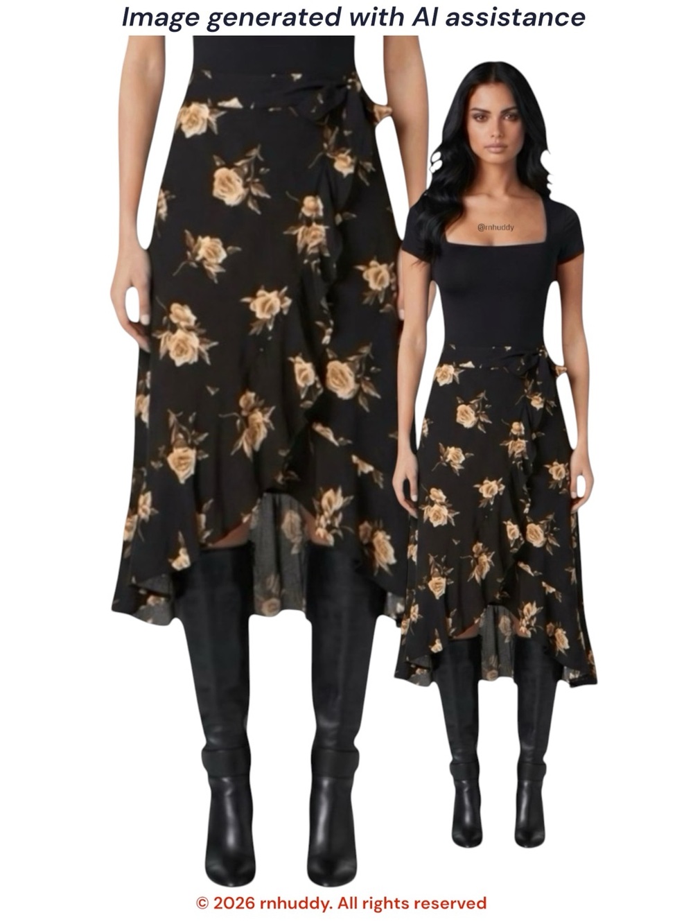NWT West of Melrose (Tilly’s) M black floral wrap skirt
